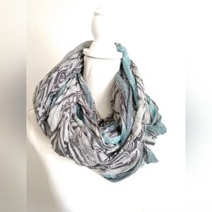 Grey Blue Floral Geometric Infinity Scarf Circle Loop 32" x 50" Extra Wide